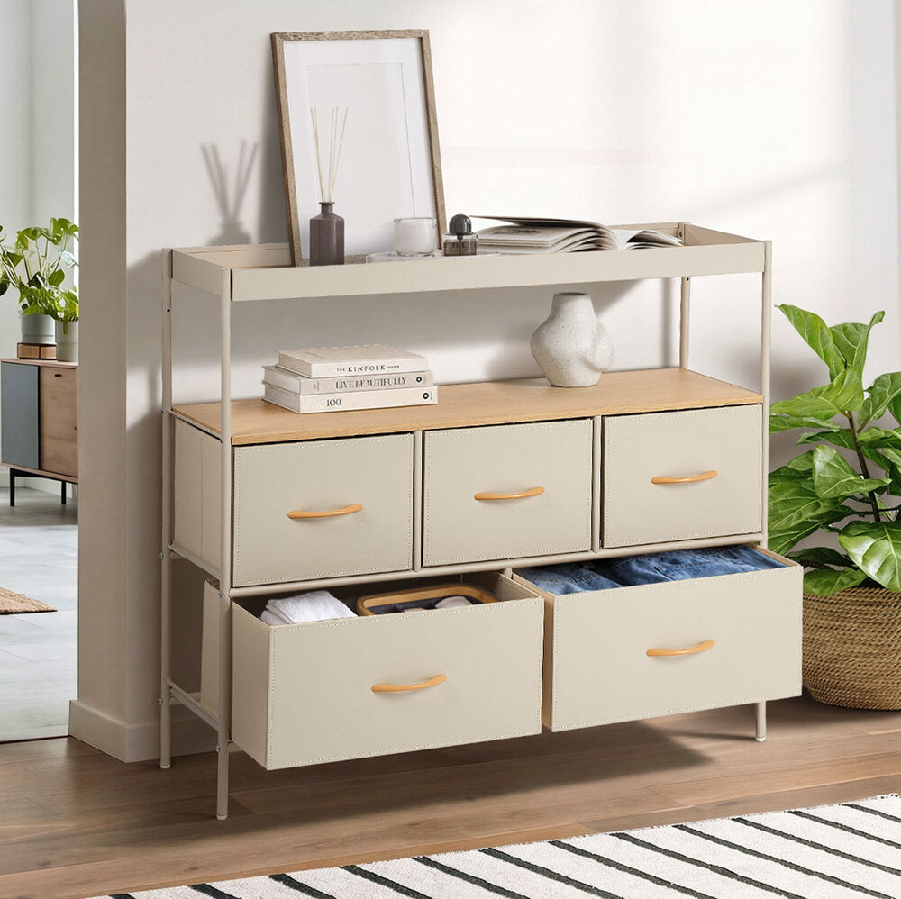 Oikiture 5 Drawer Chest Of Drawers Open Shelf Organizer Beige