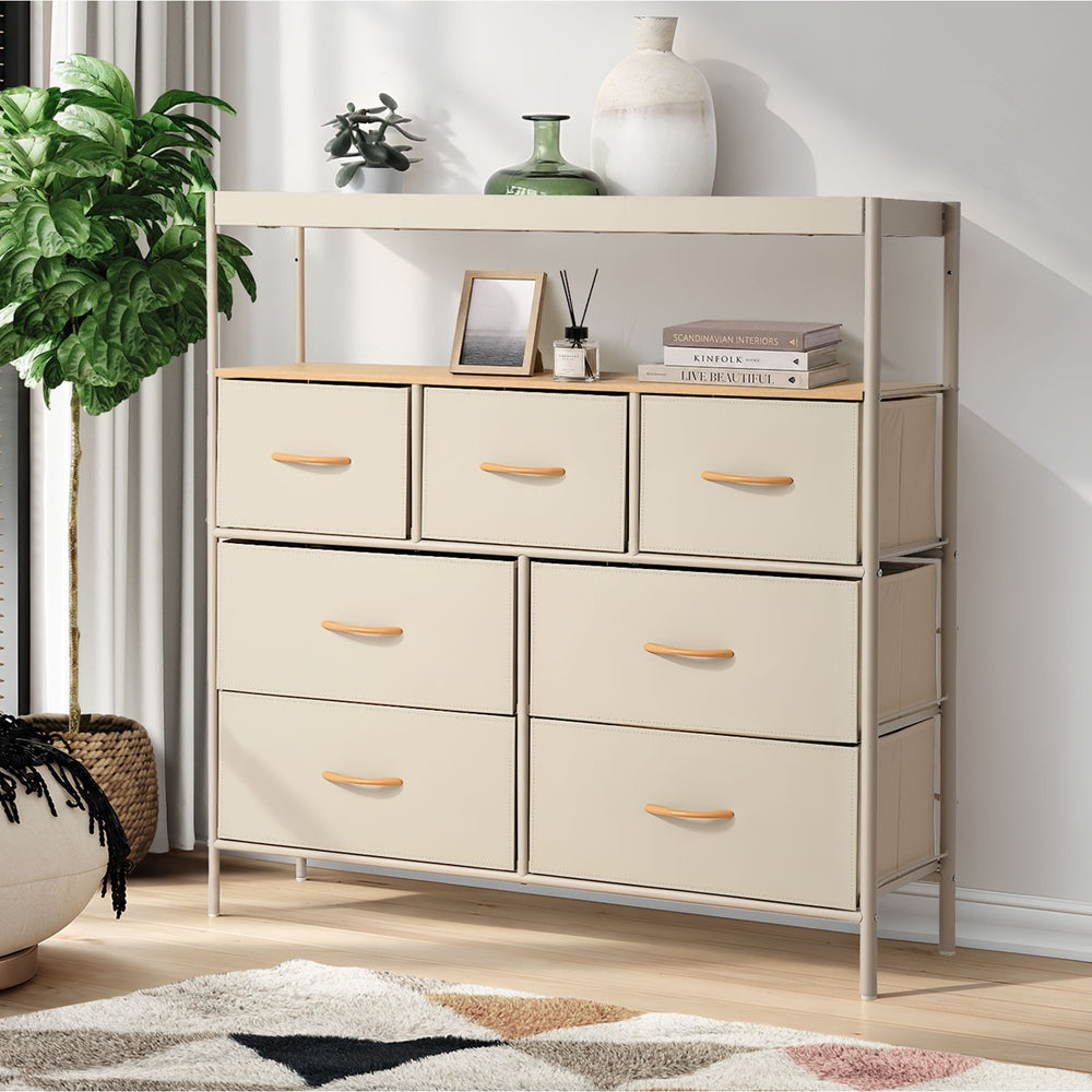 Oikiture 7 Drawer Chest Of Drawers Open Shelf Organizer Beige