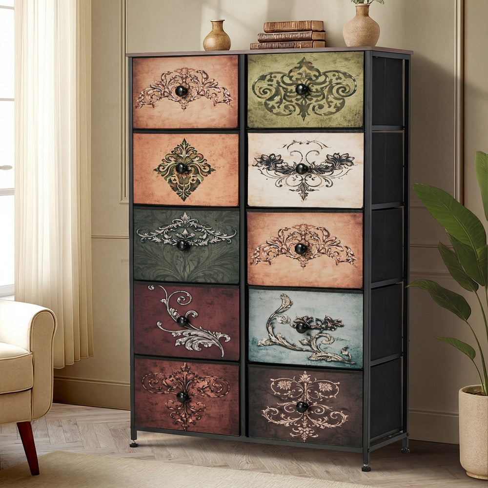 Oikiture 10 Chest Of Drawers Retro Tallboy Printed Foldable Fabric