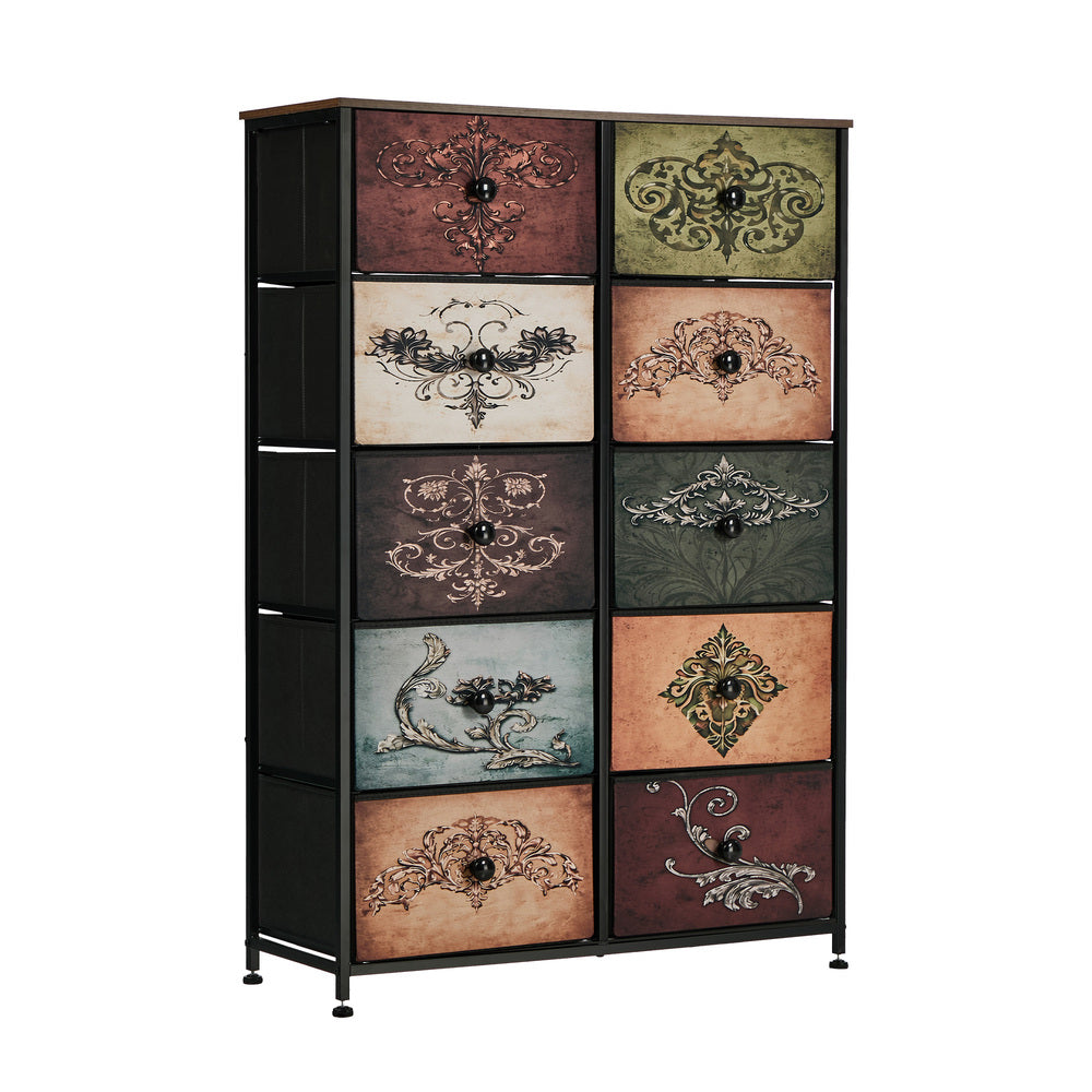 Oikiture 10 Chest Of Drawers Retro Tallboy Printed Foldable Fabric