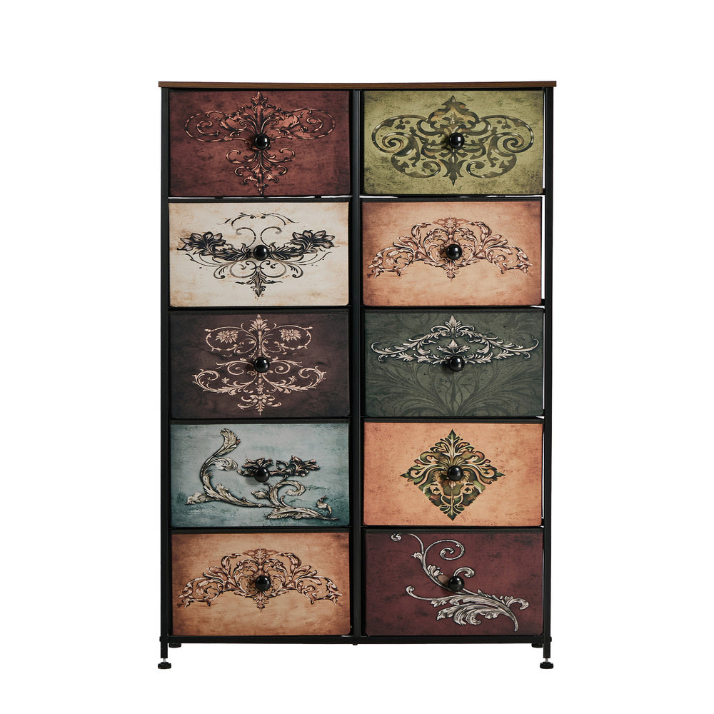 Oikiture 10 Chest Of Drawers Retro Tallboy Printed Foldable Fabric