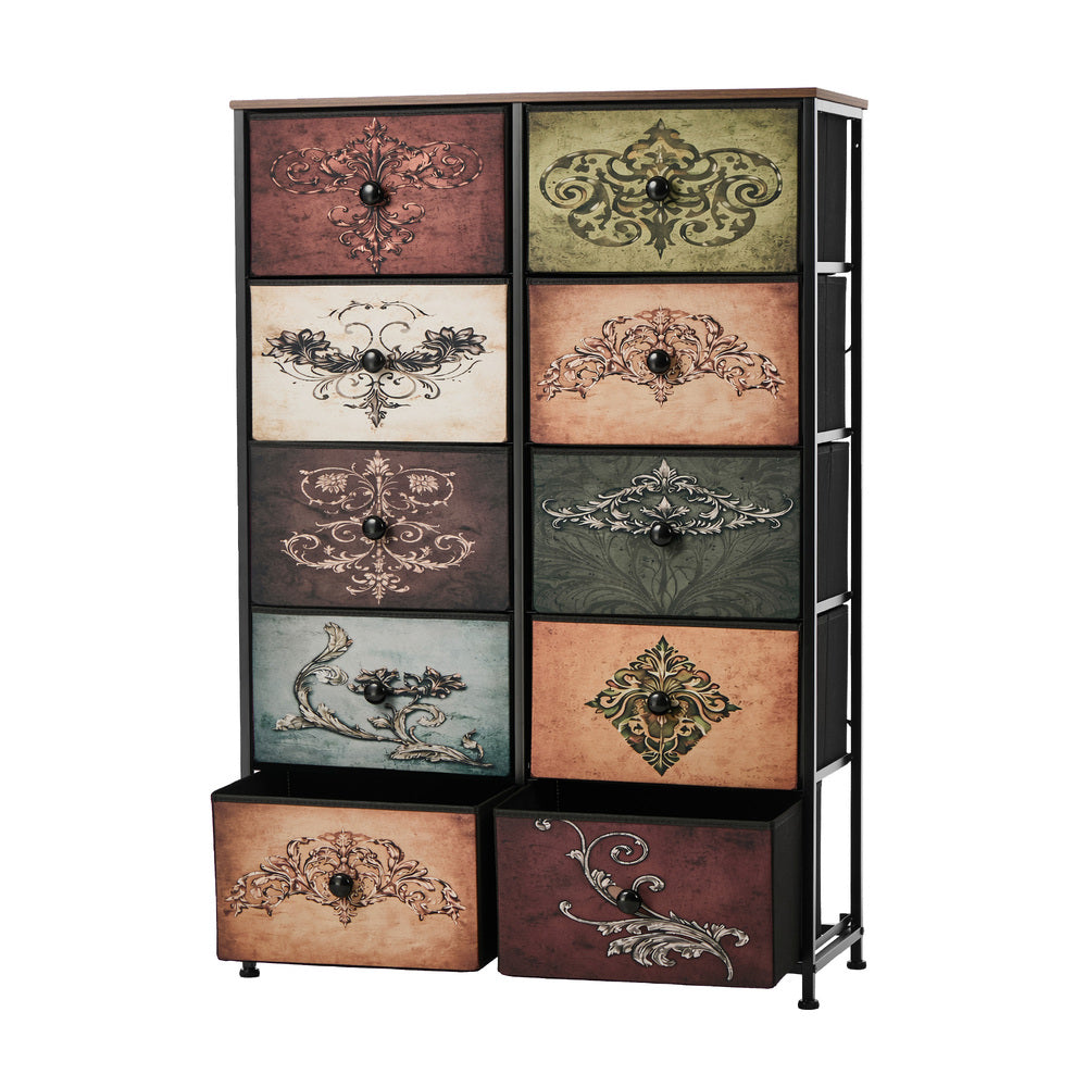 Oikiture 10 Chest Of Drawers Retro Tallboy Printed Foldable Fabric