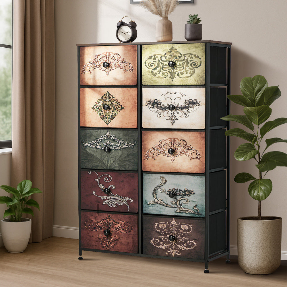 Oikiture 10 Chest Of Drawers Retro Tallboy Printed Foldable Fabric