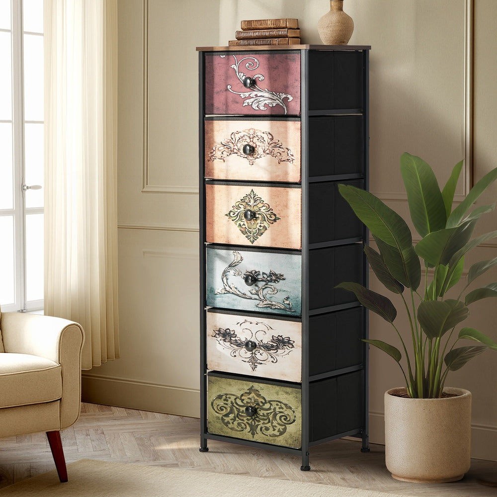 Oikiture 6 Chest Of Drawers Retro Tallboy Printed Foldable Fabric