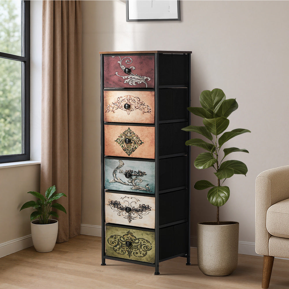 Oikiture 6 Chest Of Drawers Retro Tallboy Printed Foldable Fabric