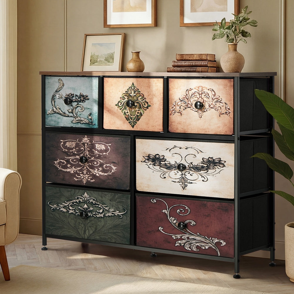 Oikiture 7 Chest Of Drawers Retro Tallboy Printed Foldable Fabric