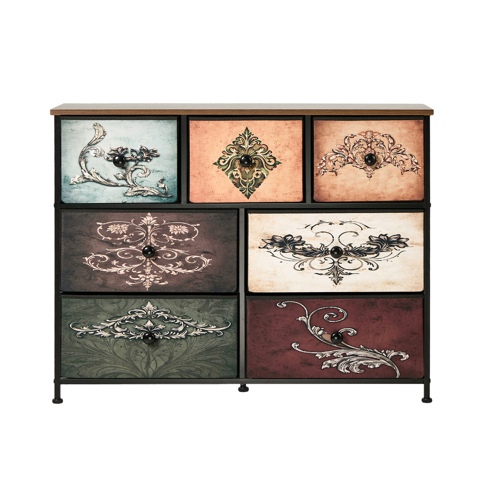 Oikiture 7 Chest Of Drawers Retro Tallboy Printed Foldable Fabric