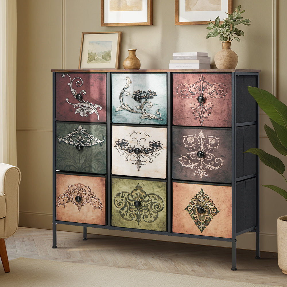 Oikiture 9 Chest Of Drawers Retro Tallboy Printed Foldable Fabric