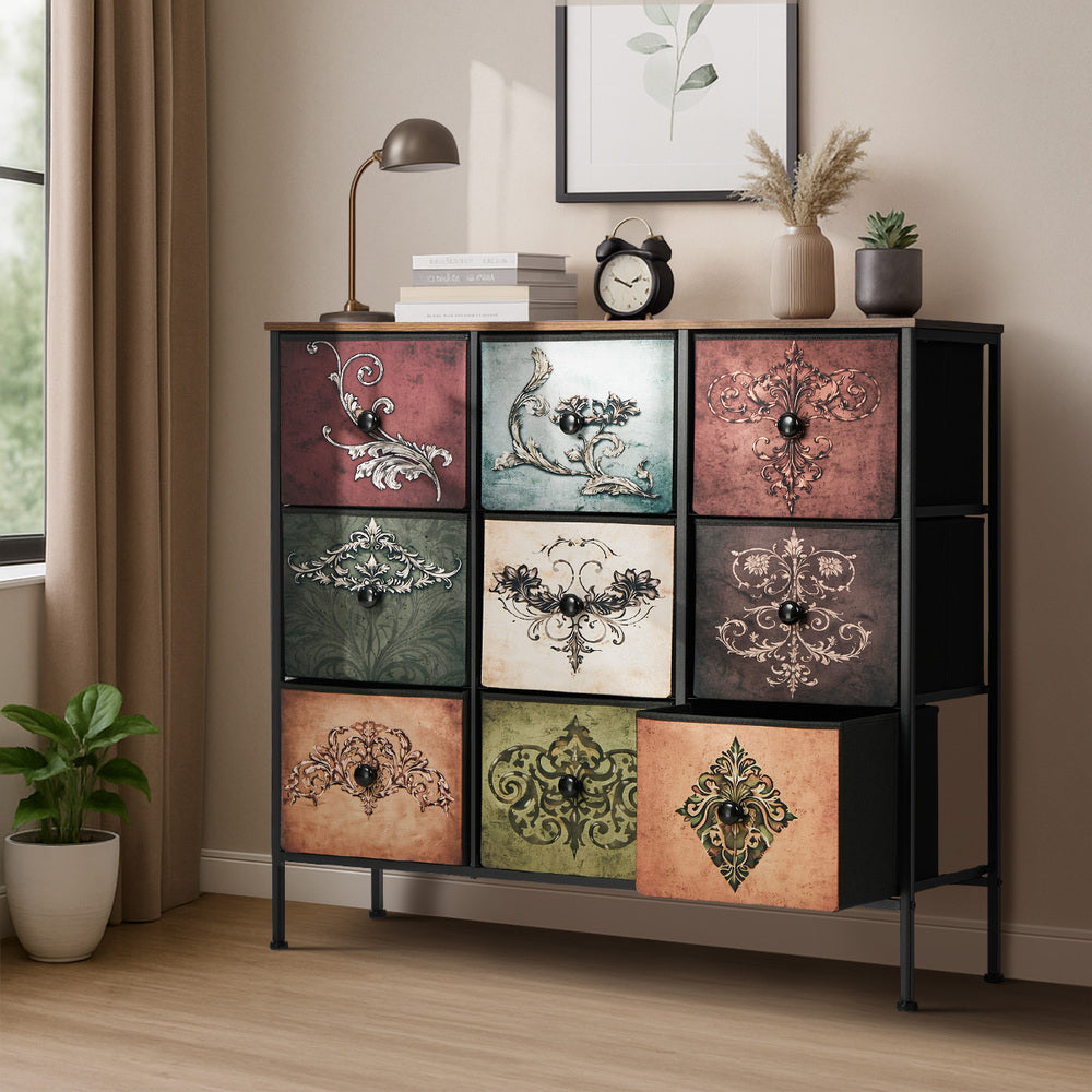 Oikiture 9 Chest Of Drawers Retro Tallboy Printed Foldable Fabric