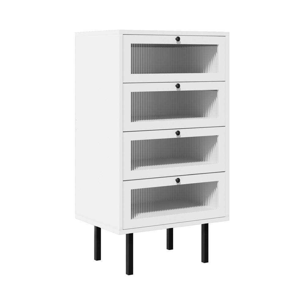 4 Chest of Drawers Tempered Glass Doors White