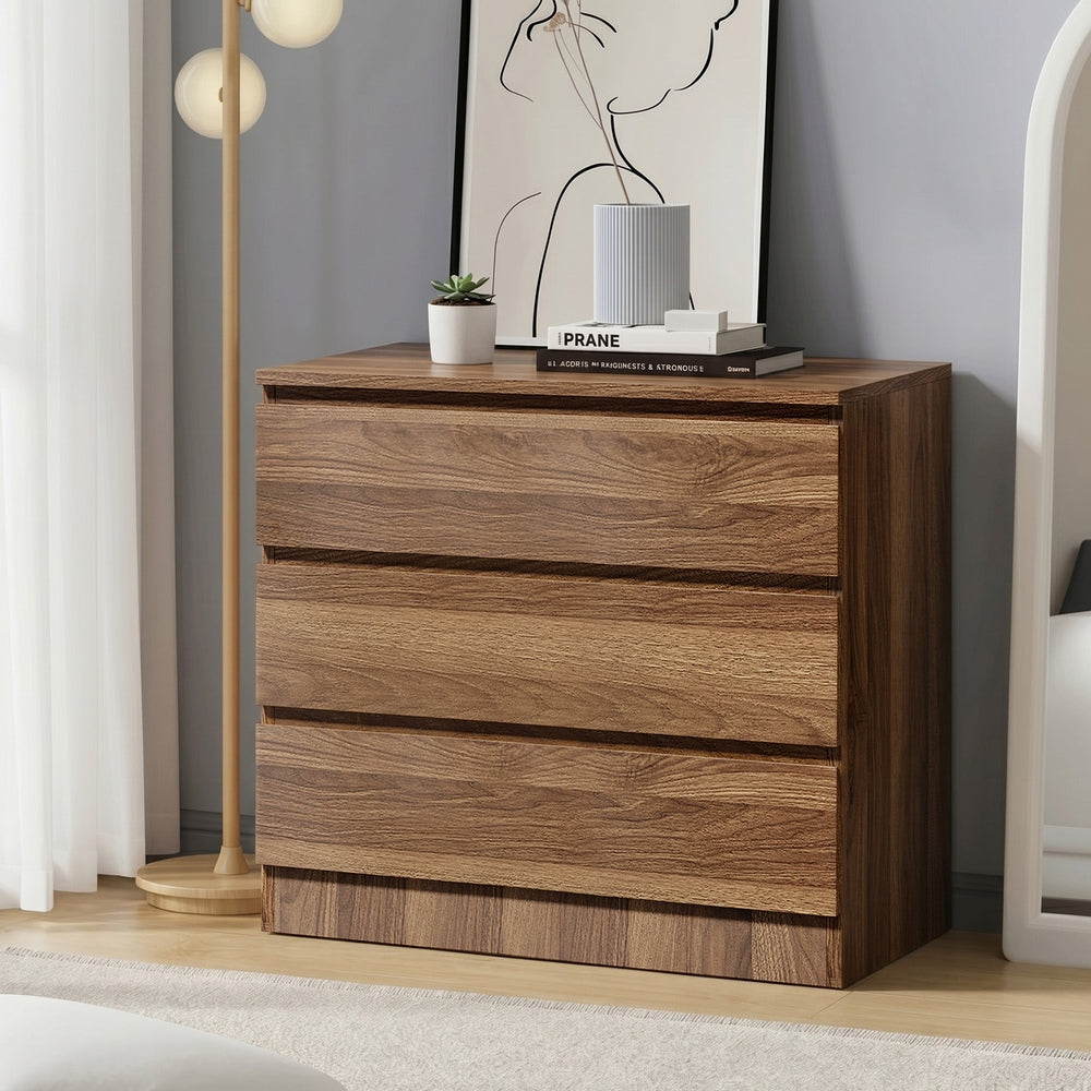 Oikiture 3 Chest of Drawers Lowboy Dresser Cabinet Bedroom Walnut