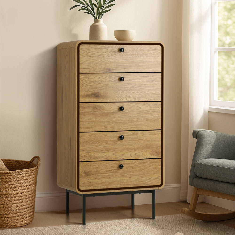 Oikiture 5 Chest of Drawers Dresser Tallboy Wooden Handle Natural