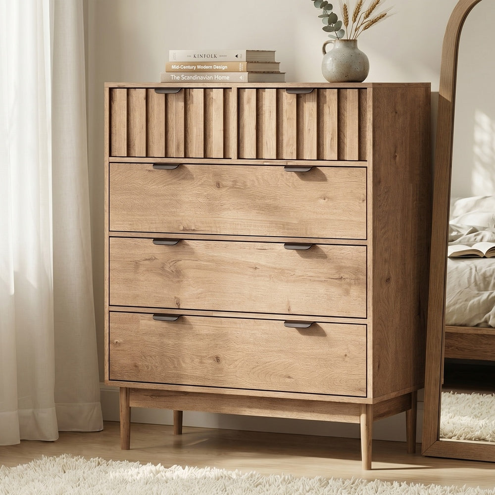 Chest of Drawers 5‑Drawer Tallboy – Natural Woodgrain with Stripe Texture