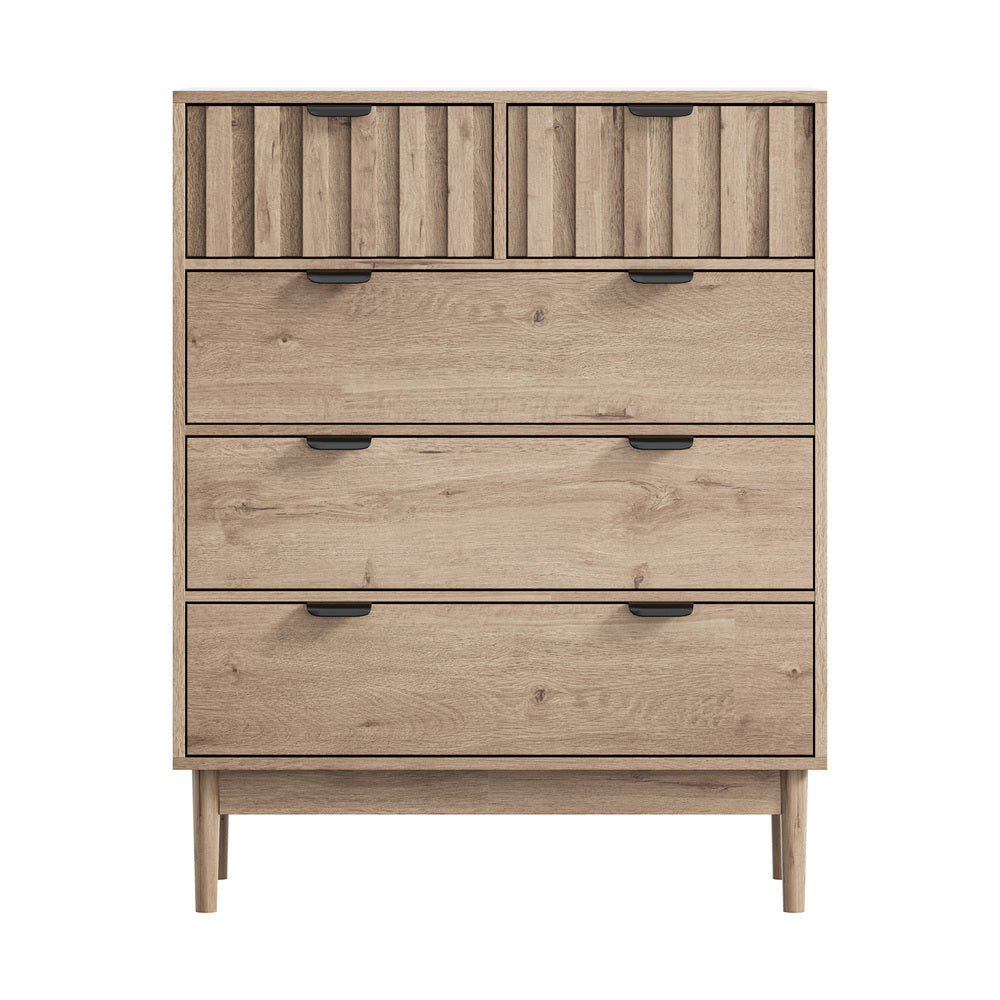 Chest of Drawers 5‑Drawer Tallboy – Natural Woodgrain with Stripe Texture