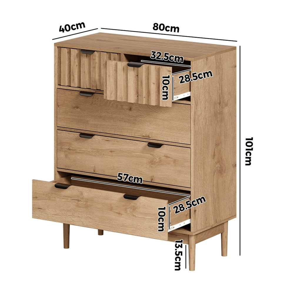 Chest of Drawers 5‑Drawer Tallboy – Natural Woodgrain with Stripe Texture