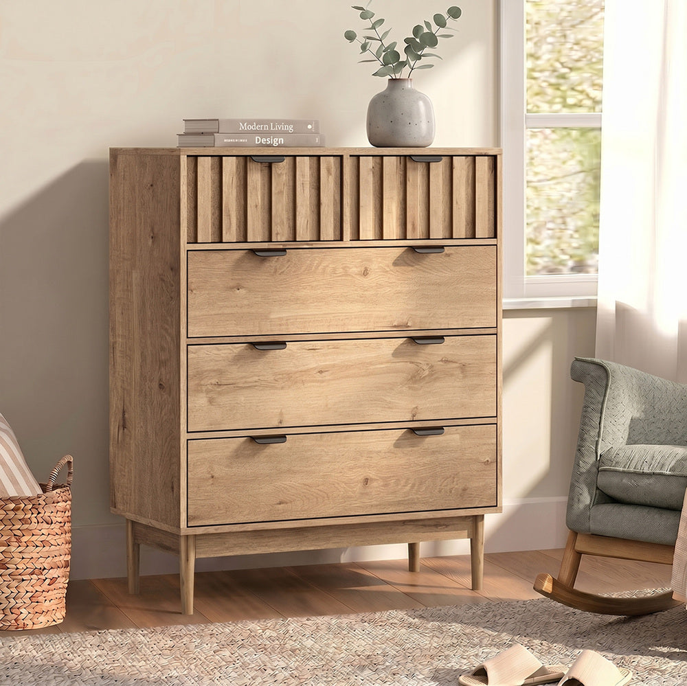 Chest of Drawers 5‑Drawer Tallboy – Natural Woodgrain with Stripe Texture