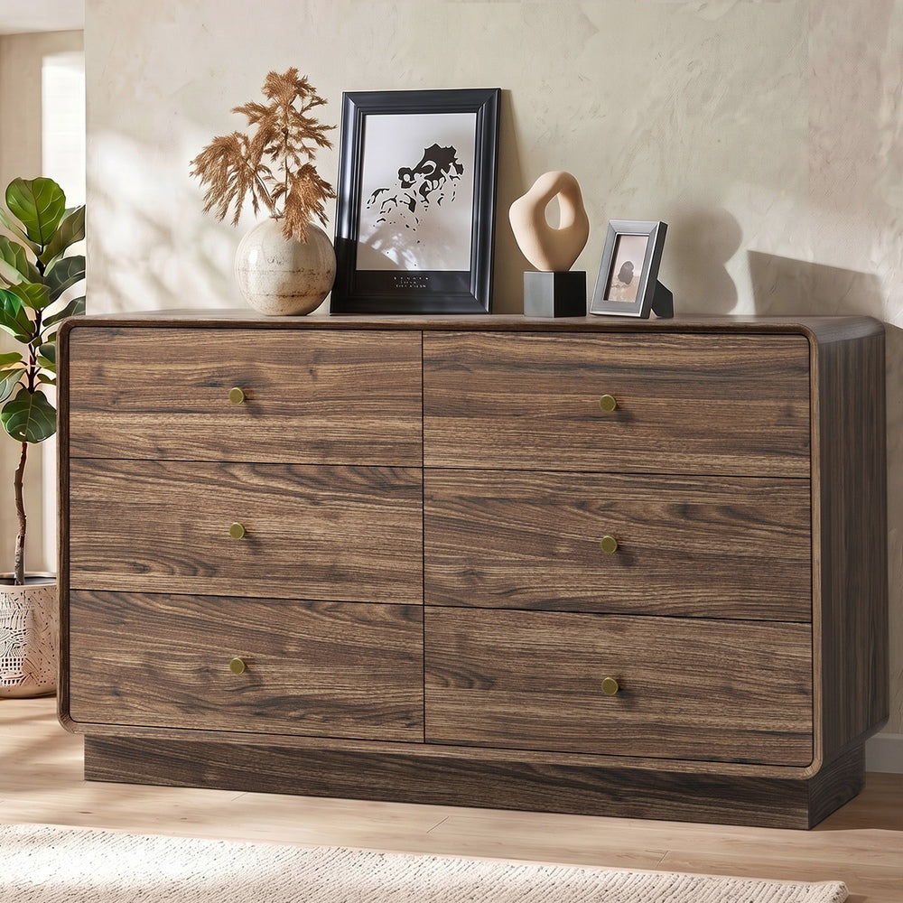 Oikiture 6 Drawer Lowboy Chest of Drawers 120cm, Metal Handle Dresser, Walnut