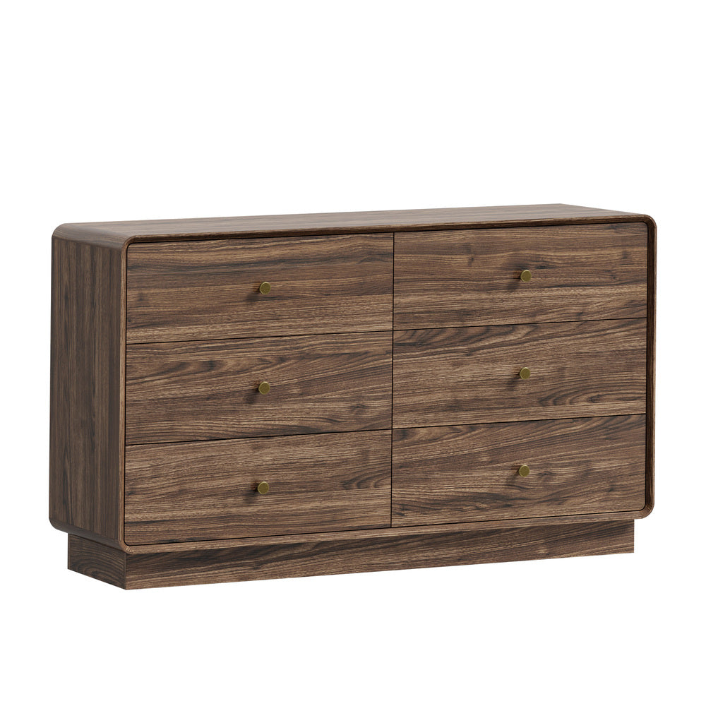 Oikiture 6 Drawer Lowboy Chest of Drawers 120cm, Metal Handle Dresser, Walnut