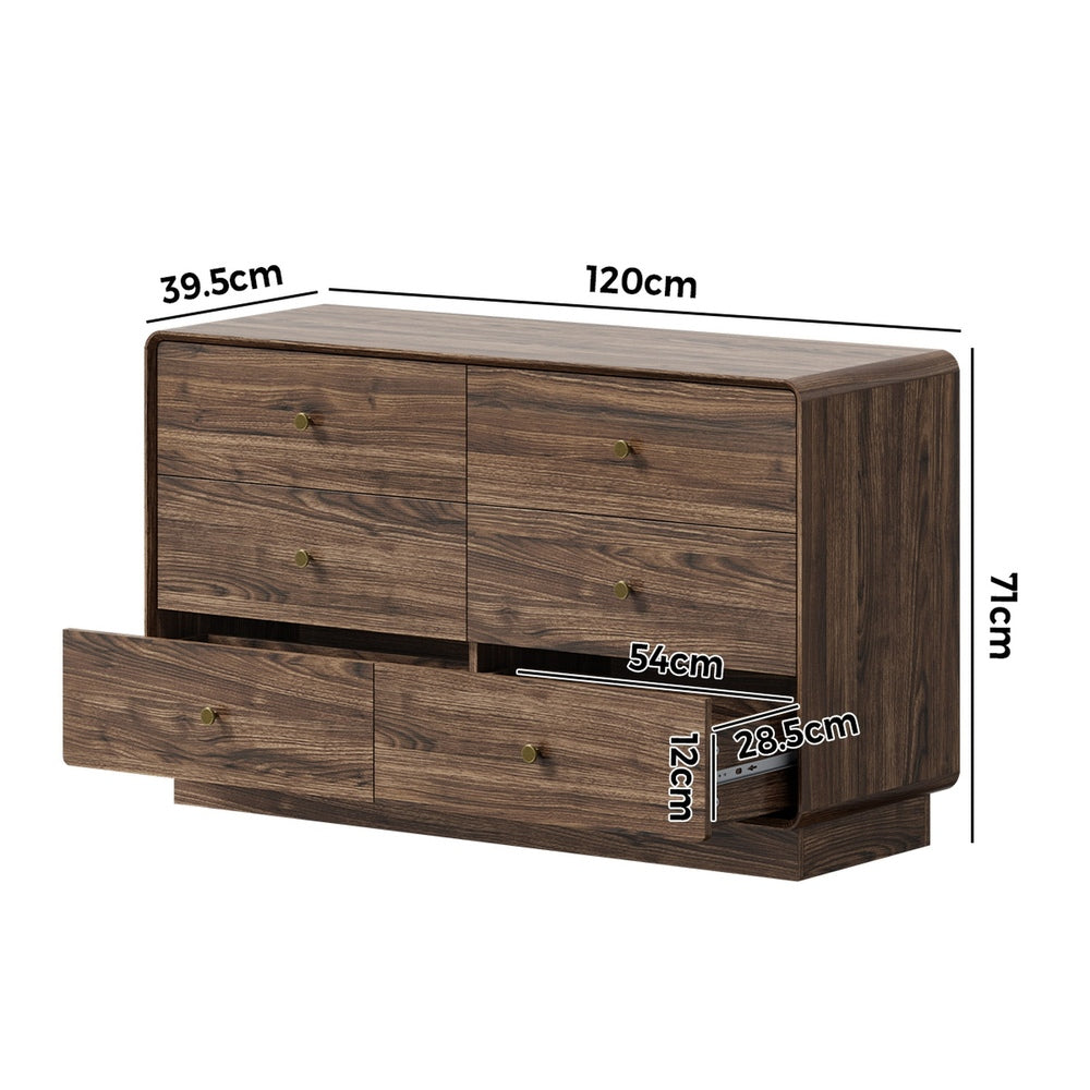 Oikiture 6 Drawer Lowboy Chest of Drawers 120cm, Metal Handle Dresser, Walnut