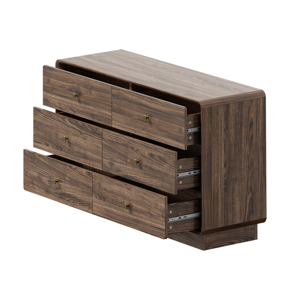 Oikiture 6 Drawer Lowboy Chest of Drawers 120cm, Metal Handle Dresser, Walnut