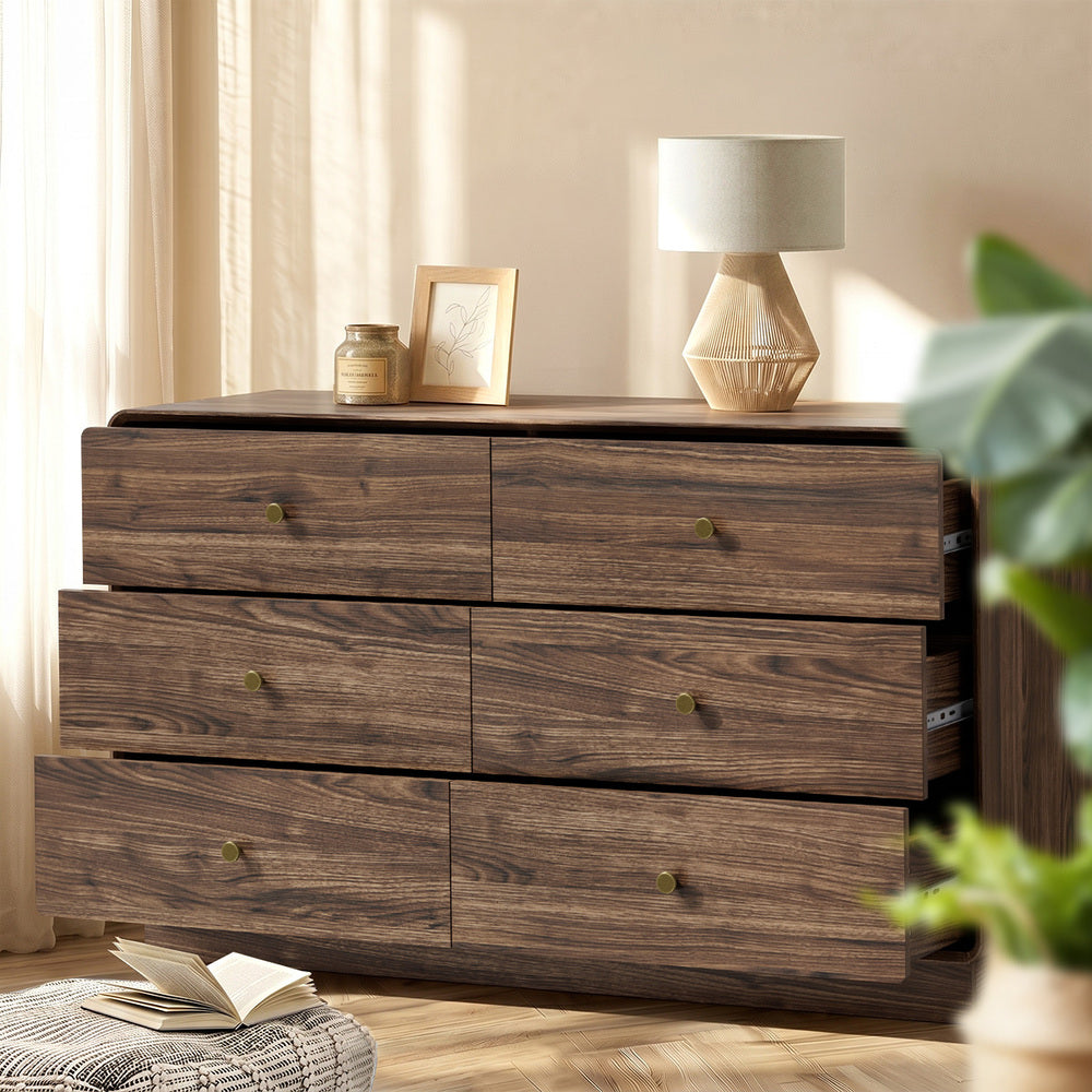 Oikiture 6 Drawer Lowboy Chest of Drawers 120cm, Metal Handle Dresser, Walnut