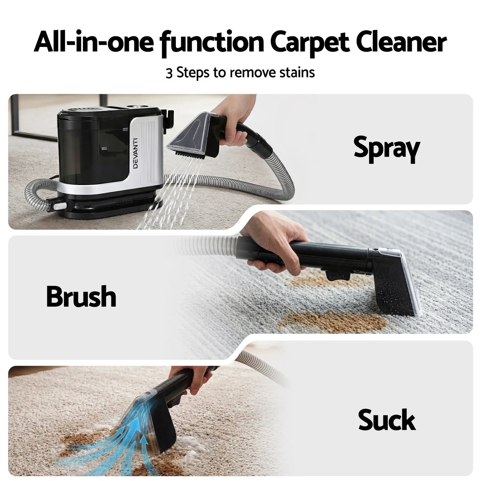 Carpet Washer Vacuum Cleaner 600W 13kpa Hose Self-Cleaning Function