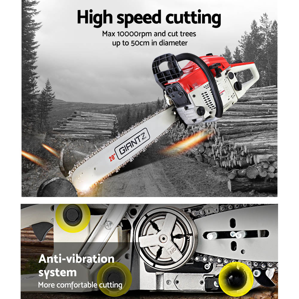 Giantz Chainsaw Petrol 58CC 20" Bar Commercial E-Start Pruning Chain Saw White