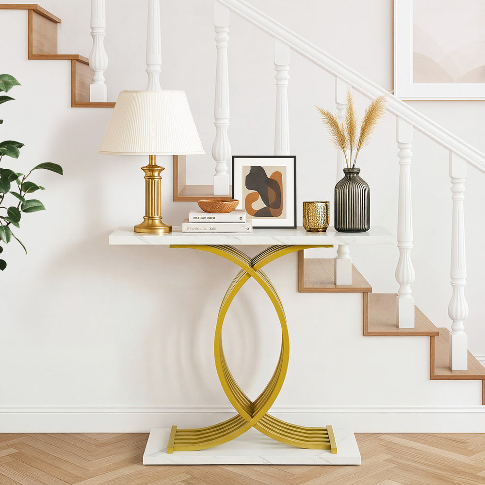 Console Table Hallway Marble Effect Narrow Desk White&Gold