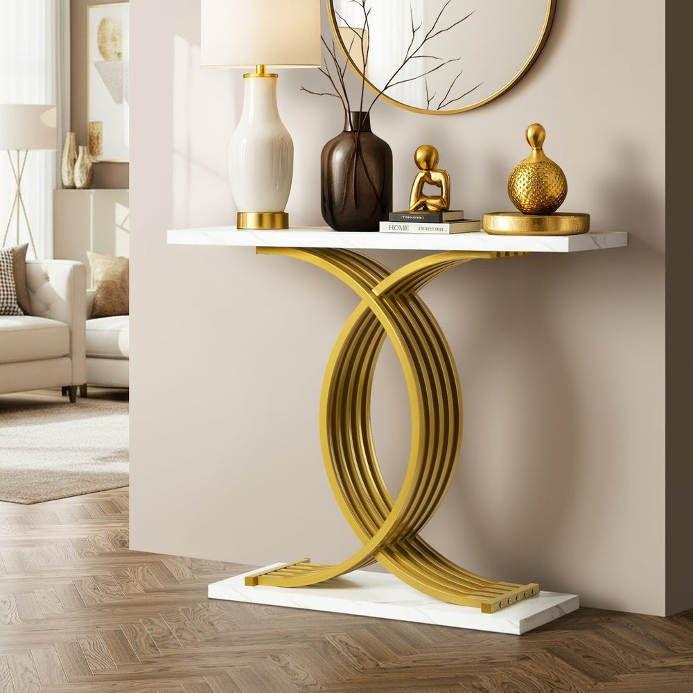 Console Table Hall Marble Effect Coffee Side Desk White&Gold