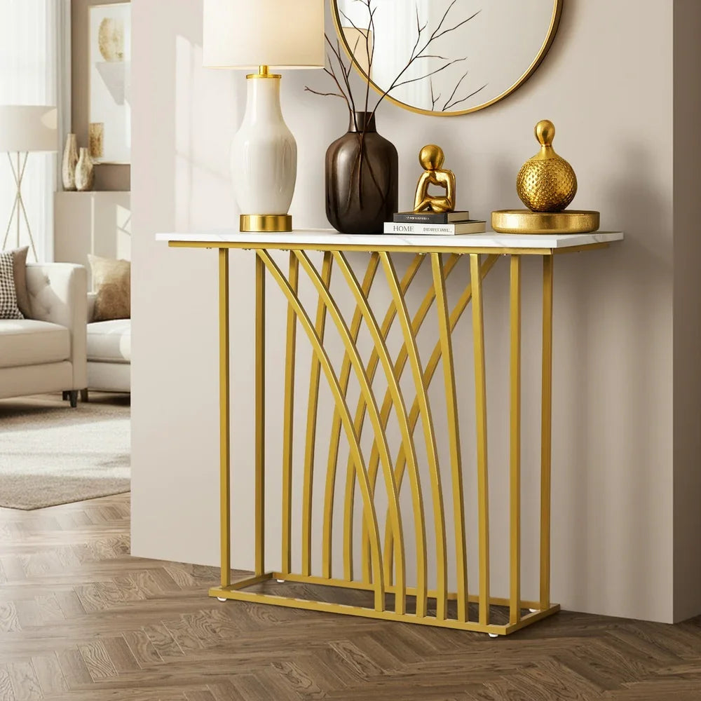 Console Table Hallway Marble Effect Tabletop Desk White&Gold