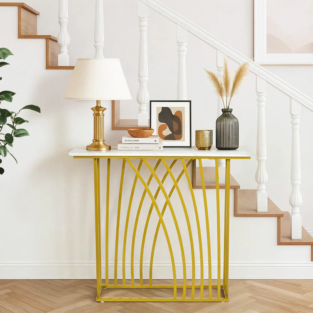 Console Table Hallway Marble Effect Tabletop Desk White&Gold