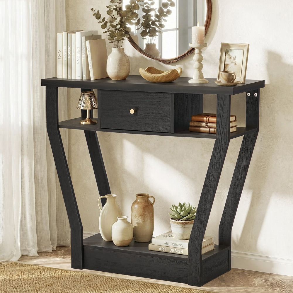 Console Table – Angled Legs, 3‑Tier Design, Drawer, Black