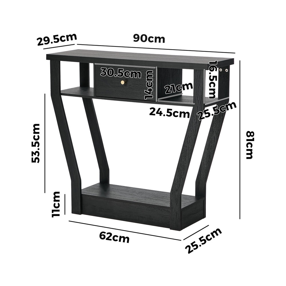 Console Table – Angled Legs, 3‑Tier Design, Drawer, Black