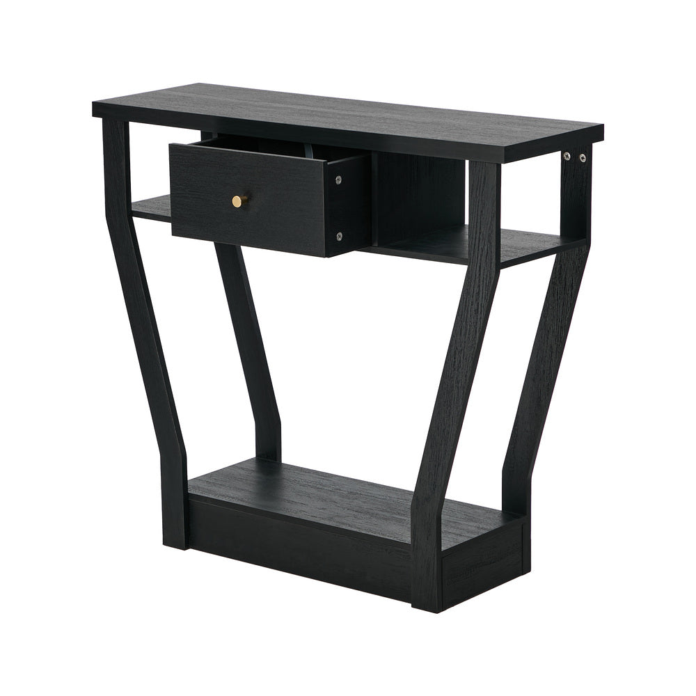Console Table – Angled Legs, 3‑Tier Design, Drawer, Black