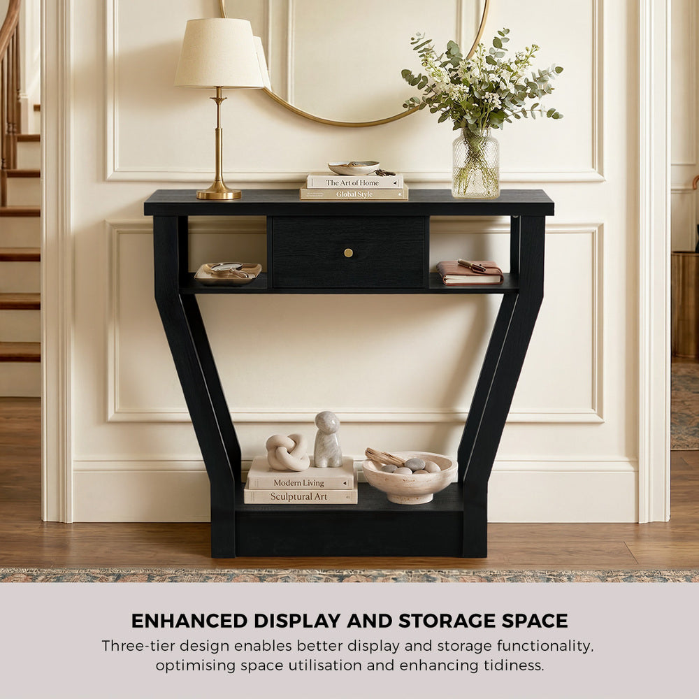 Console Table – Angled Legs, 3‑Tier Design, Drawer, Black