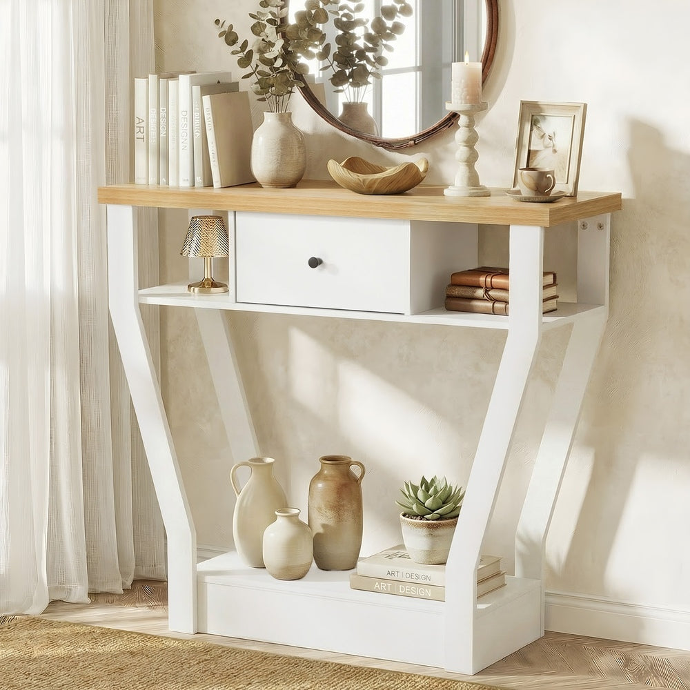 Console Table – Angled Legs, 3‑Tier Design, Drawer, White/Natural