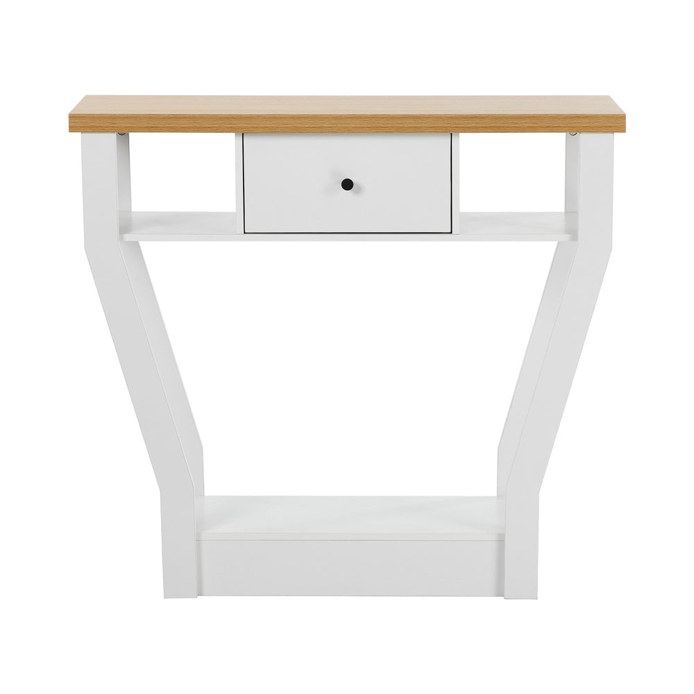Console Table – Angled Legs, 3‑Tier Design, Drawer, White/Natural