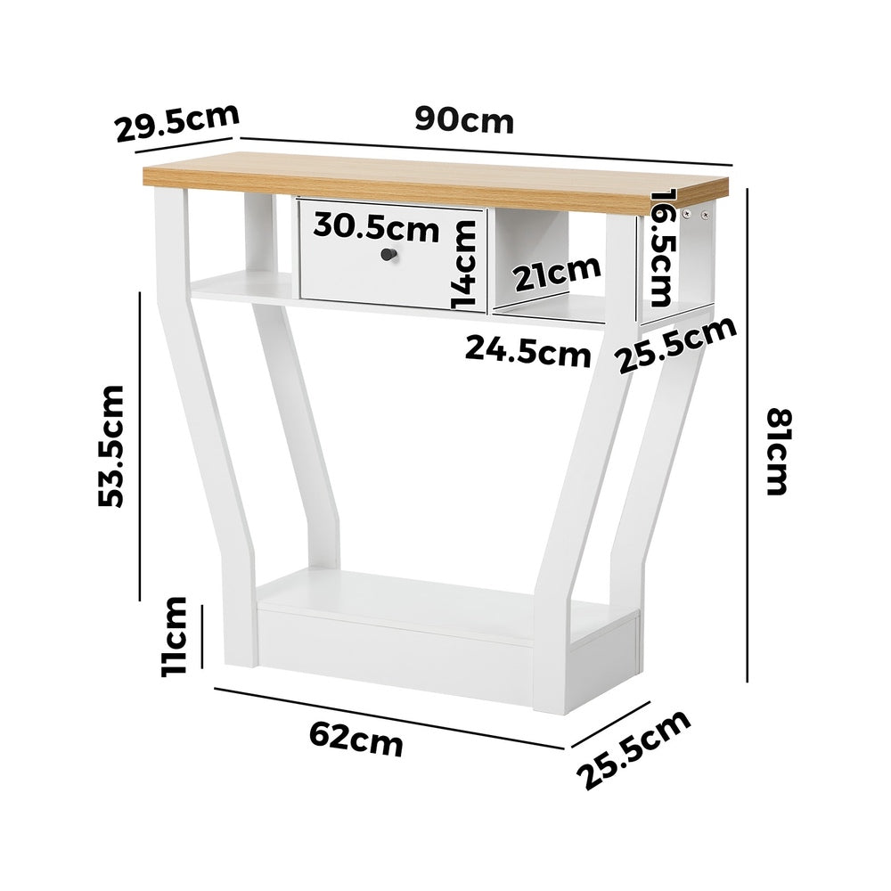 Console Table – Angled Legs, 3‑Tier Design, Drawer, White/Natural