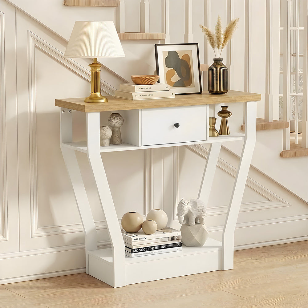 Console Table – Angled Legs, 3‑Tier Design, Drawer, White/Natural