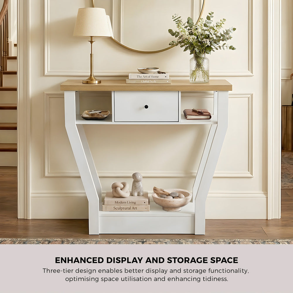 Console Table – Angled Legs, 3‑Tier Design, Drawer, White/Natural