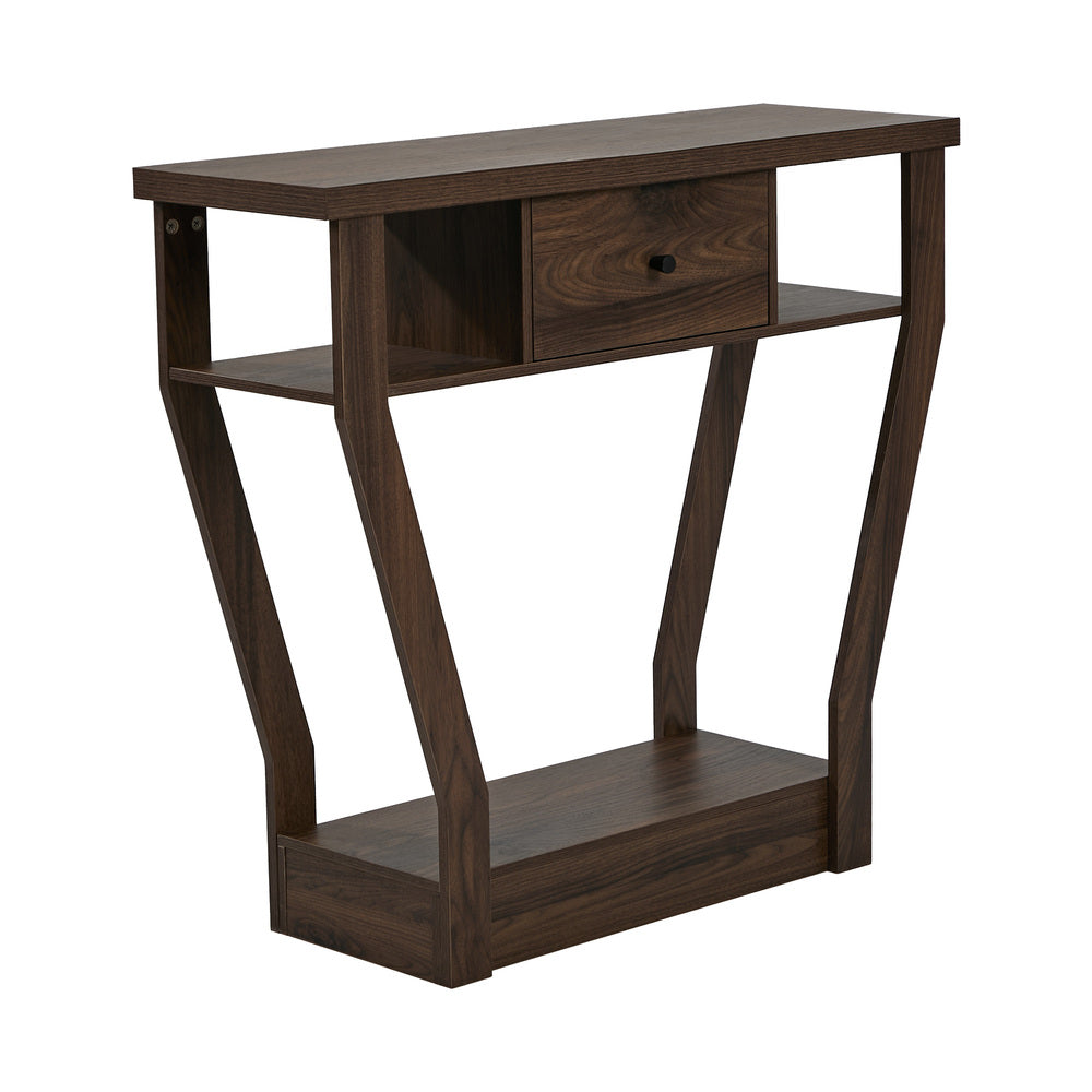 Console Table – Angled Legs, 3‑Tier Design, Drawer, Walnut