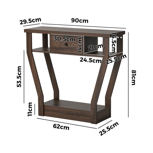 Console Table – Angled Legs, 3‑Tier Design, Drawer, Walnut