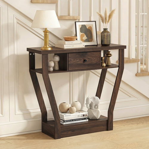 Console Table – Angled Legs, 3‑Tier Design, Drawer, Walnut