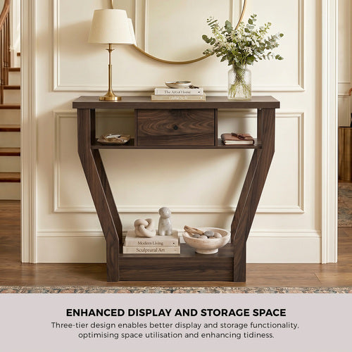 Console Table – Angled Legs, 3‑Tier Design, Drawer, Walnut