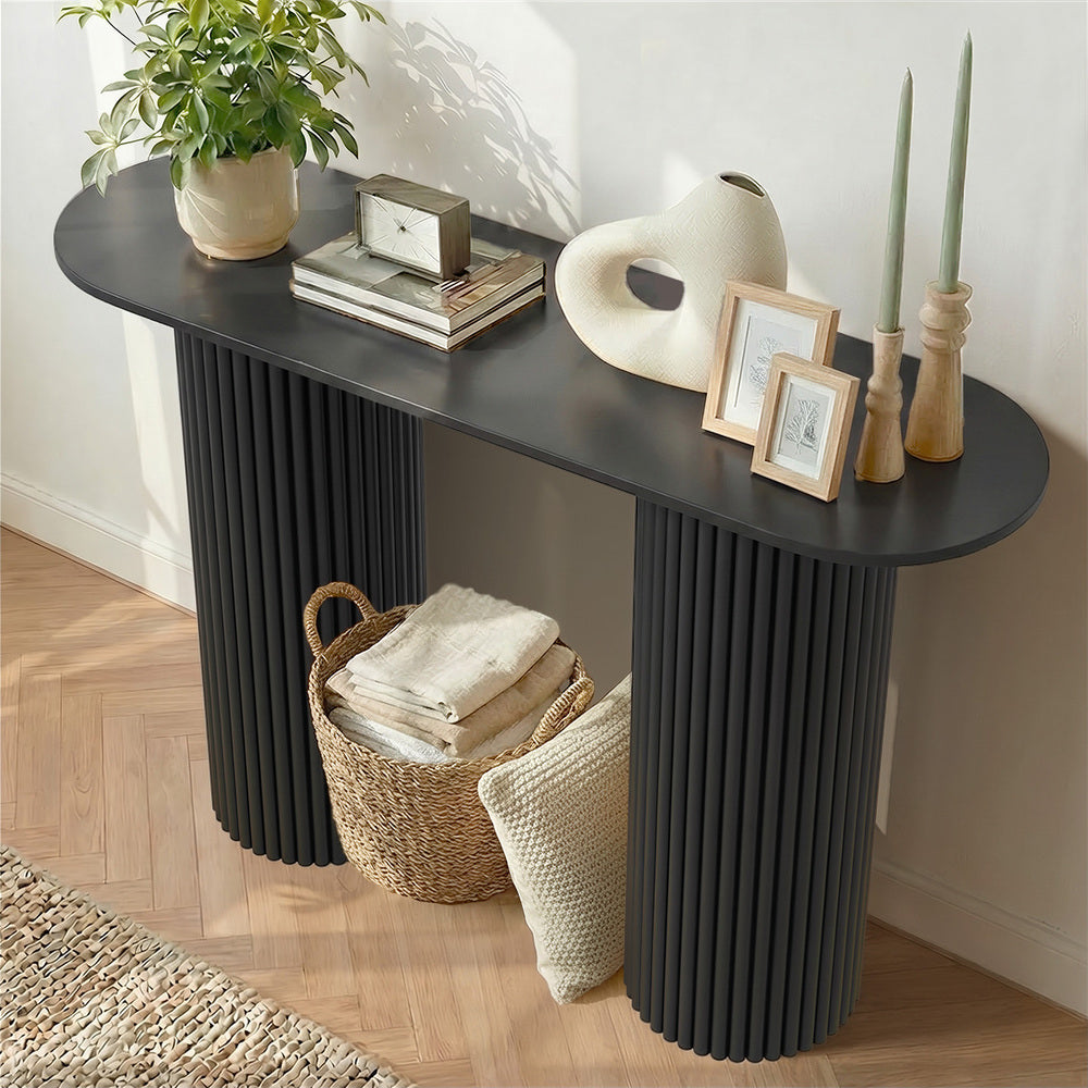 Oikiture Console Table Oval Hallway Desk Black
