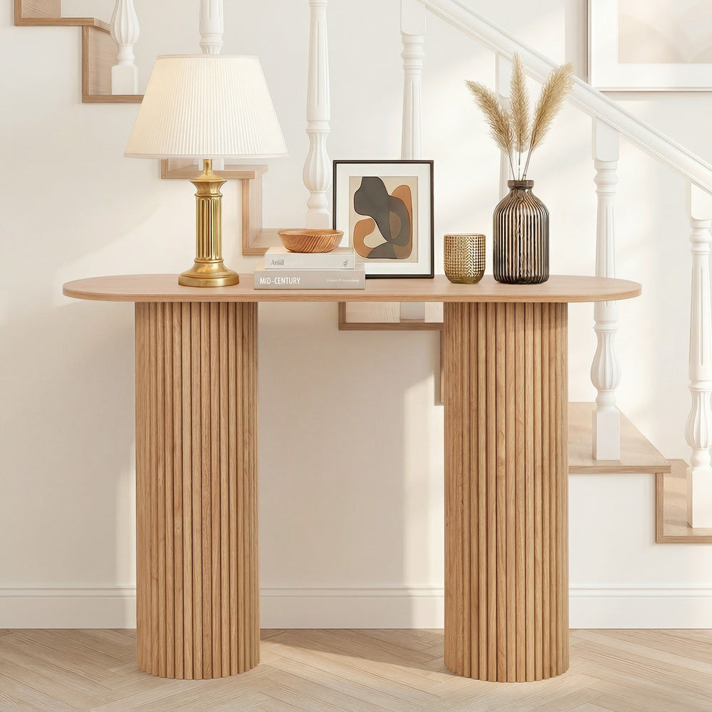 Oikiture Console Table Oval Hallway Desk Natural