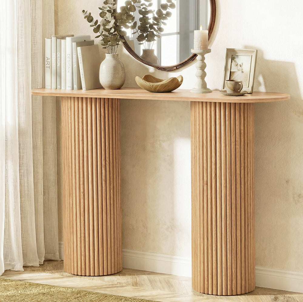 Oikiture Console Table Oval Hallway Desk Natural