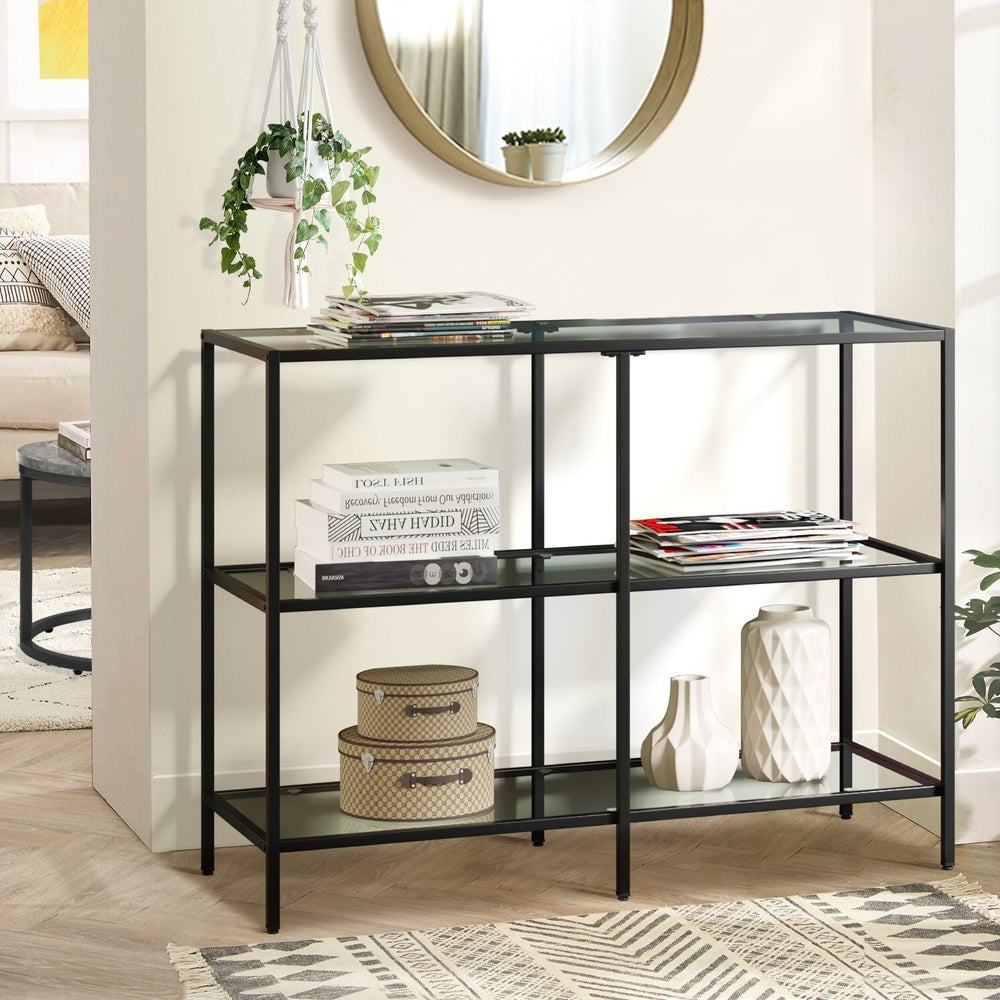 Oikiture Console Table Tempered Glass 3 Shelves Black