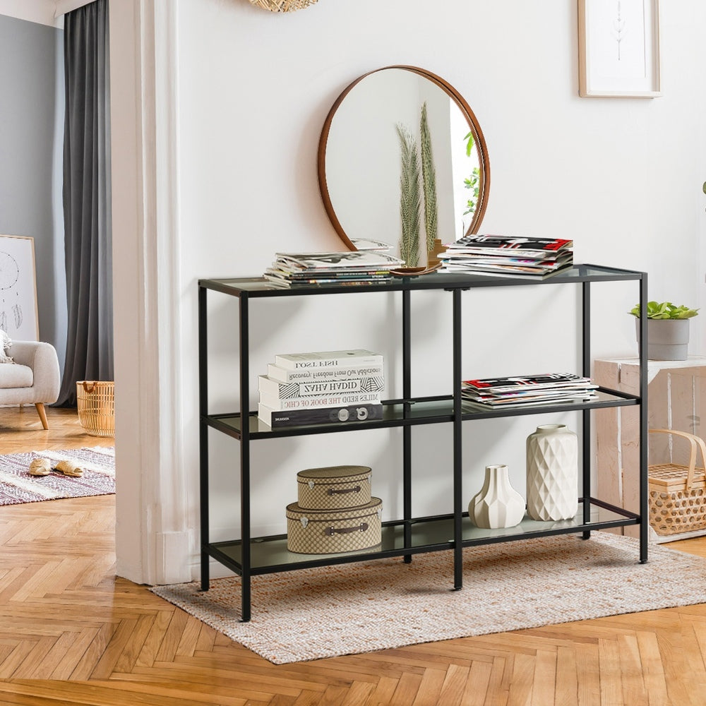 Oikiture Console Table Tempered Glass 3 Shelves Black