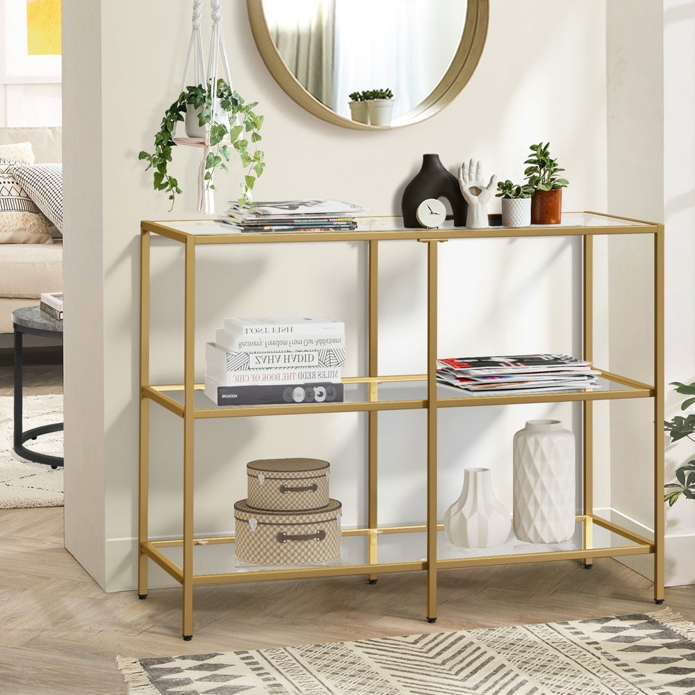 Oikiture Console Table Tempered Glass 3 Shelves Gold